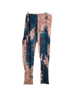 Lily Firmiana Size 5X Womens Floral Print Stretch Pants Cream Blue Elastic Waist